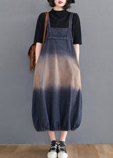 Vintage Blue Gradient color Pockets Spaghetti Strap Denim Dress